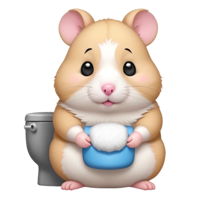 Cute chubby cartoon-style hamster sitting on toilet, sticker-style illustration sticker