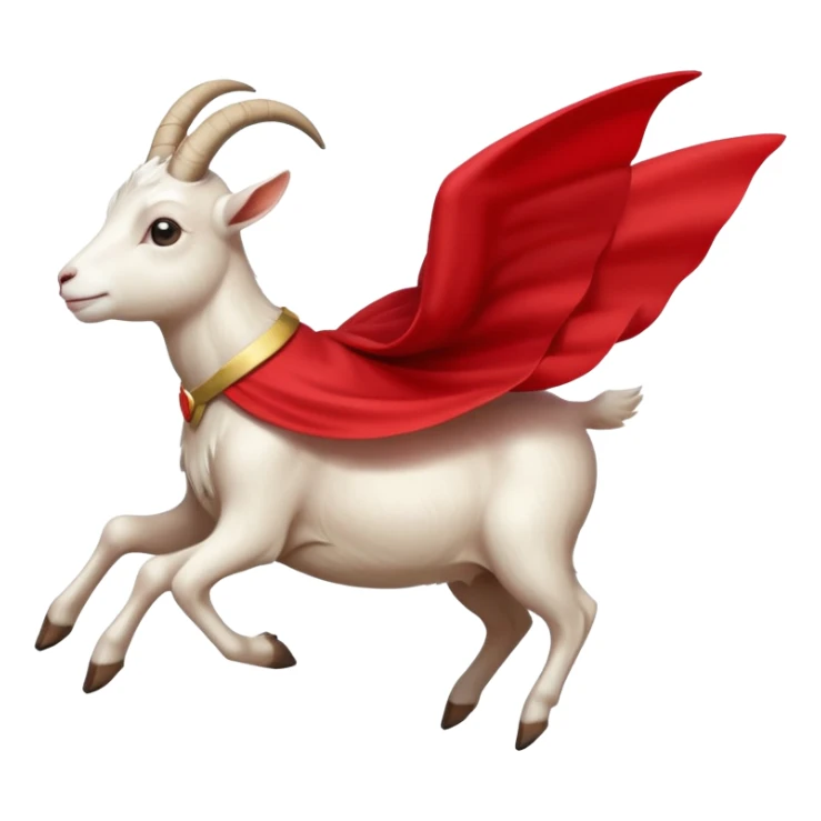 side view of white female goat wearing a read cape like superman sticker