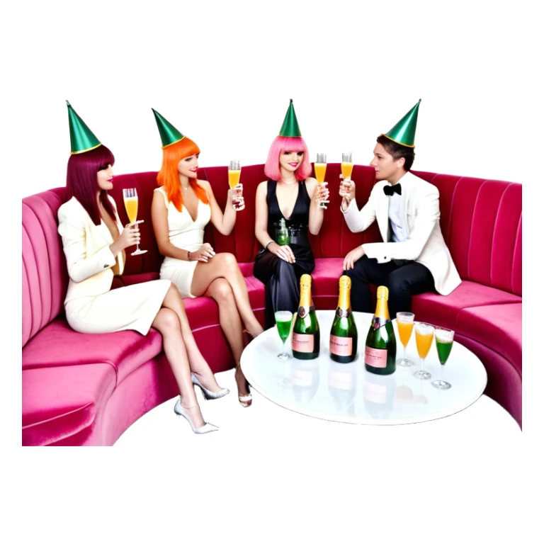 we sit around a banquette, a long, curved sofa adjacent to two small low tables brimming with bottles of Perrier-Jouët champagne, Belvedere vodka, carafes of orange juice and cranberry juice in silver ice buckets, and neat little stacks of glass tumblers. The table is right next to the DJ booth. sticker