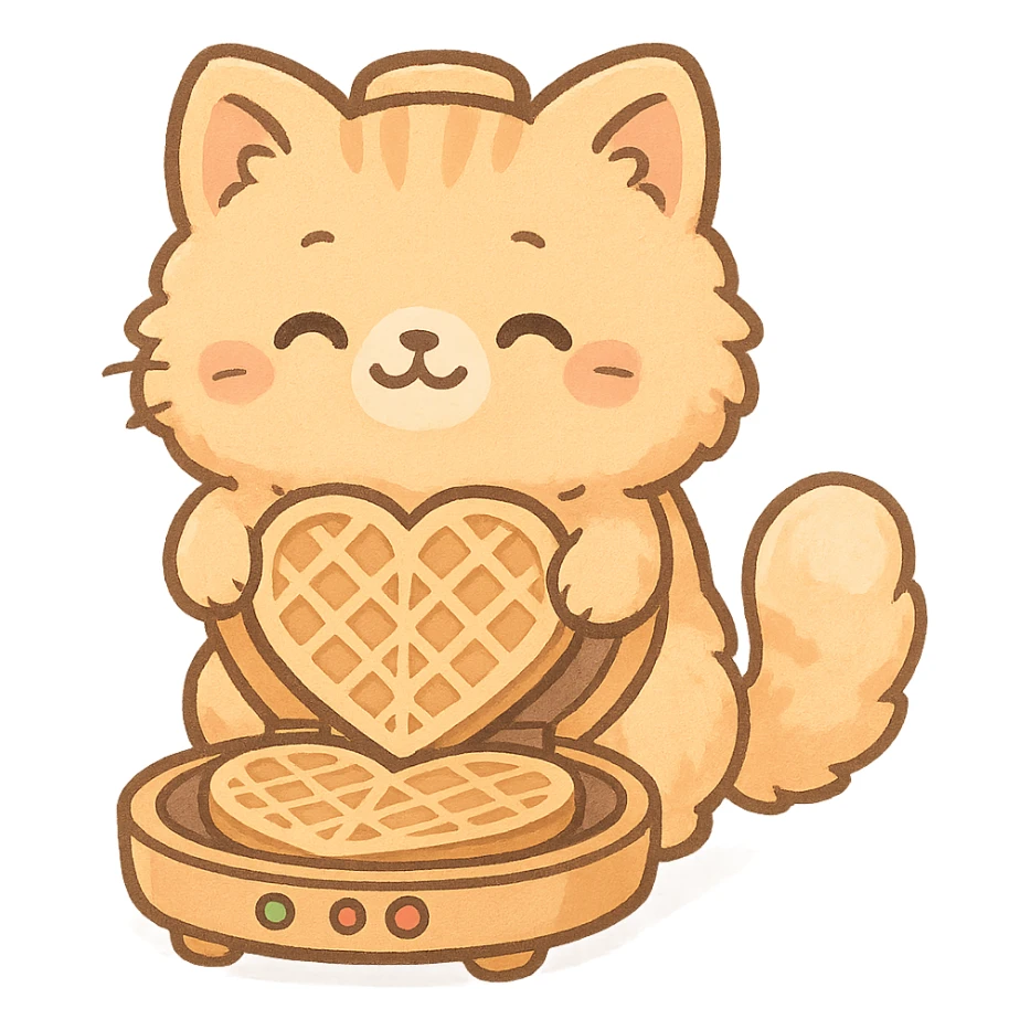 cute chibi style soft fluffy cat as a waffle maker, showing heart-shaped waffles, pastel orange, full-body sticker