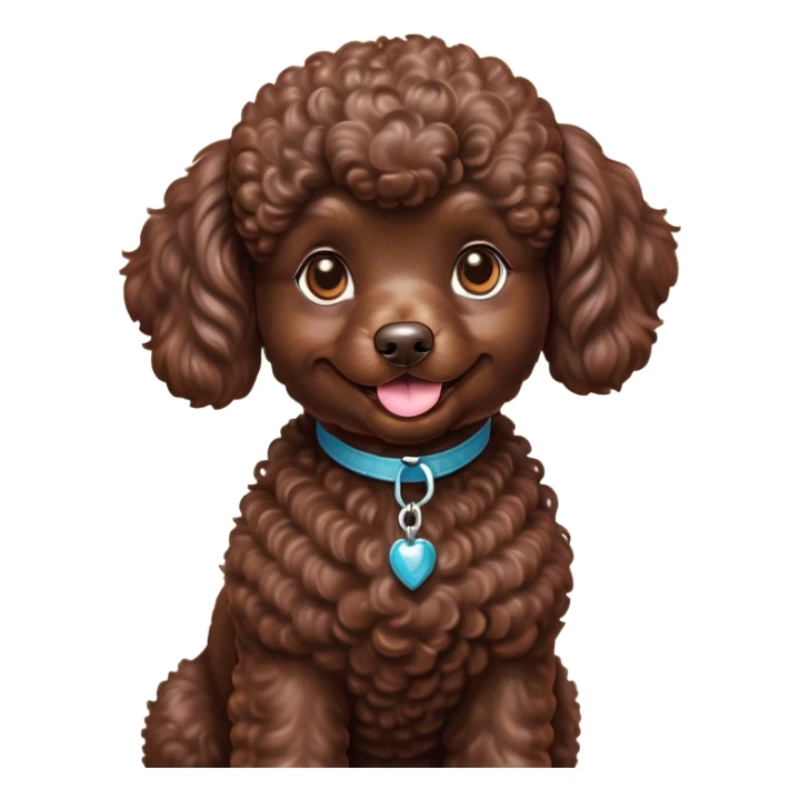 Cinematic Cute Chocolate Poodle Portrait Emoji, Head tilted playfully and inquisitively, showcasing a bouncy, curly chocolate Fur with a healthy sheen, round, sparkling brown eyes filled with curiosity, Simplified yet irresistibly adorable features, highly detailed, glowing with a warm, friendly glow, high shine, affectionate and lively, stylized with a touch of whimsy, bright and endearing, soft glowing outline, capturing the essence of a mischievous yet loving companion, so playful it feels like it could bounce out of the screen and into your arms! sticker