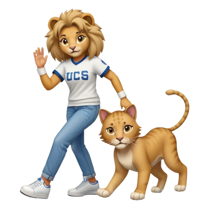 friendly anthropomorphised female lion in a baseball shirt, jeans, and trainers helping a hiphop female cat up after falling sticker