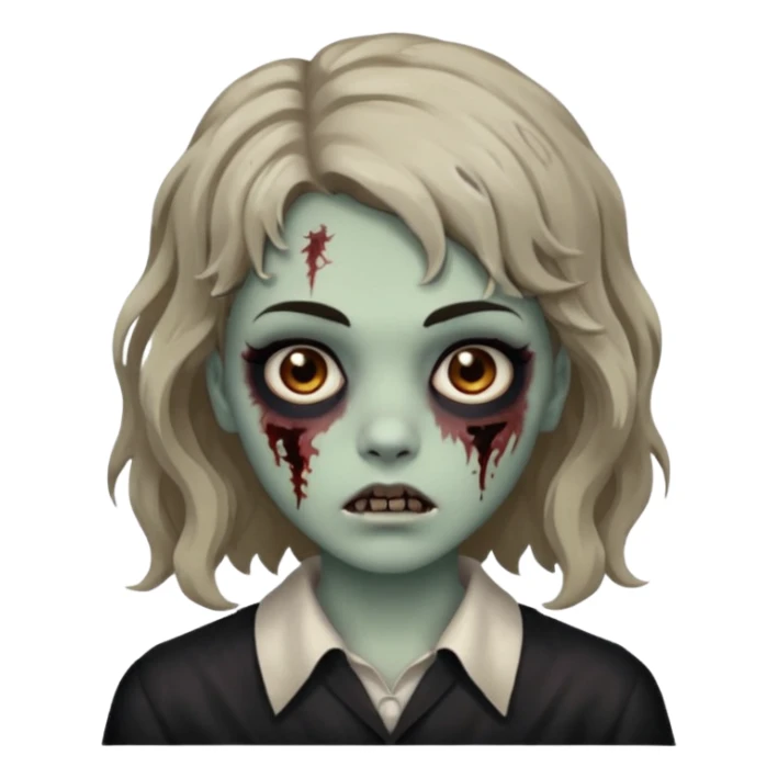 Cabelo ondulado  um pouco cheio e franja curta  Olhos marrons e pequenos e feita d ezumbi sticker