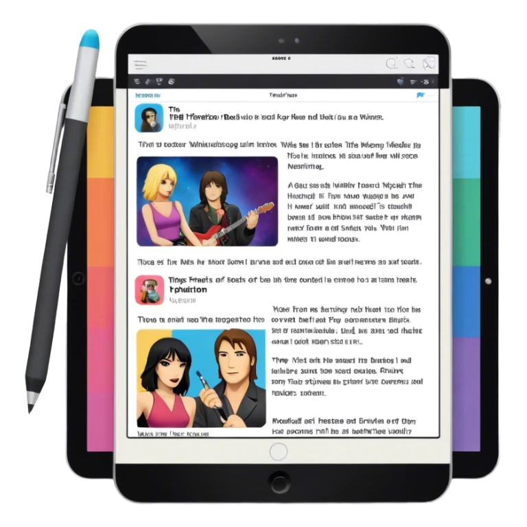 Create an emoji representing fanfiction writing. The design should feature a tablet with a screen displaying images of rock and movie stars, symbolizing the inspiration from popular culture. Next to the images, there should be visible text representing the fanfiction being written. A stylus should be placed near the tablet to emphasize the act of writing. Use a creative and expressive color palette with vibrant and neutral tones. Do not include any emojis or smiley faces. Make the background transparent. sticker