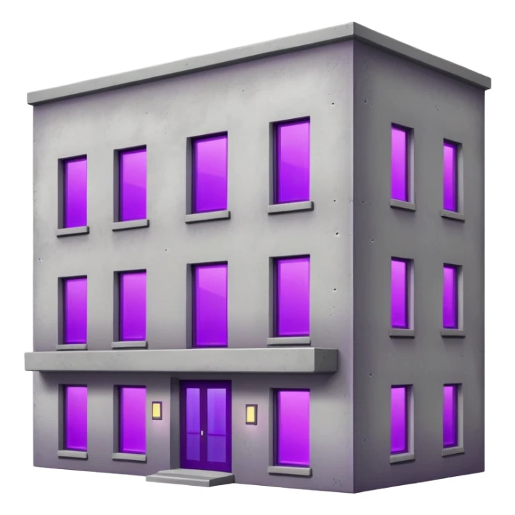 Small gray concrete apartment building with bright purple window glow, stark and simple sticker