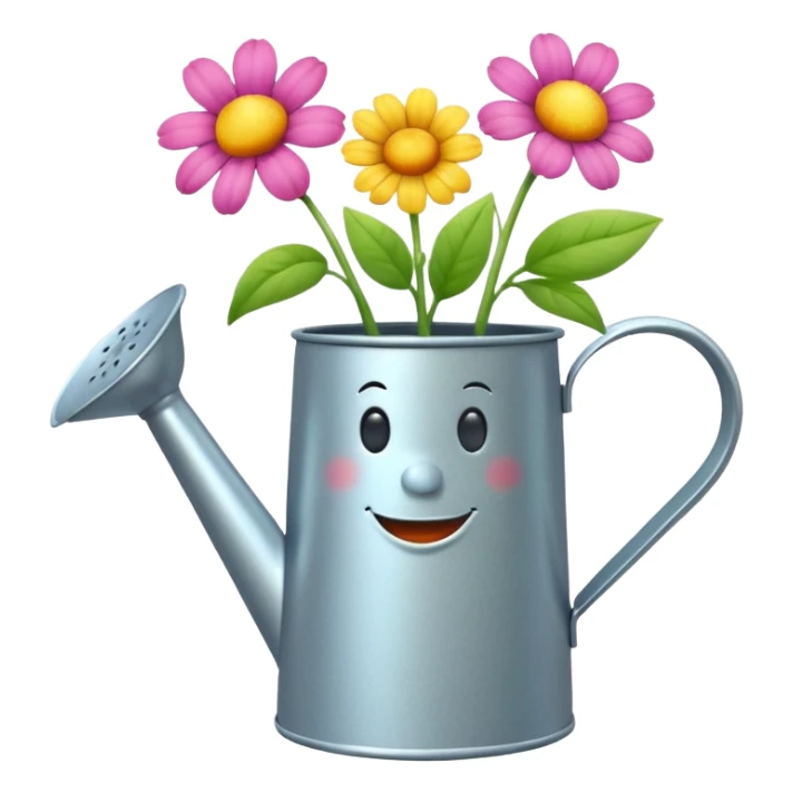 give me a watering can with legs. anthropomorphise the can. have the can watering 3 plants on the grown (flowers) sticker