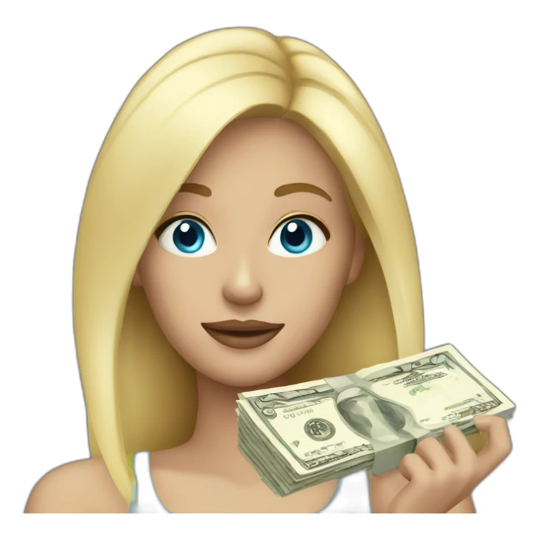 Woman with blonde hair blue eyes holding money sticker