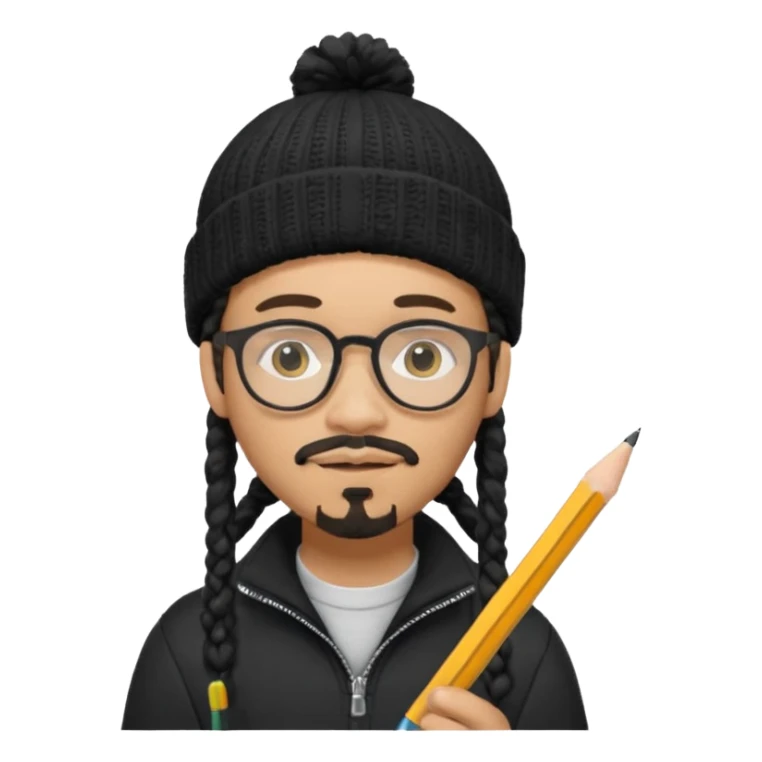 A creative young man with a pencil, glasses and a beanie. He holds a pen in his hand. He has dreadlocks, a slight moustache and bit of a beard. He's a lightskin blAsian man. He wears a black quarterzip jumper. sticker