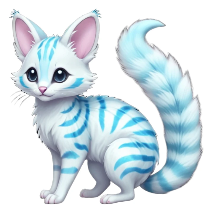  cute adorable whitish pastel fur with glowing bioluminescent random colorful markings iridescent beautiful elegant pretty precious cute young youthful  Fakémon-Pokémon-alien-opossum-feline-serval-caracal-chinchilla-Minccino-hybrid-creature with a big fluffy bushy striped tail (full body) sticker