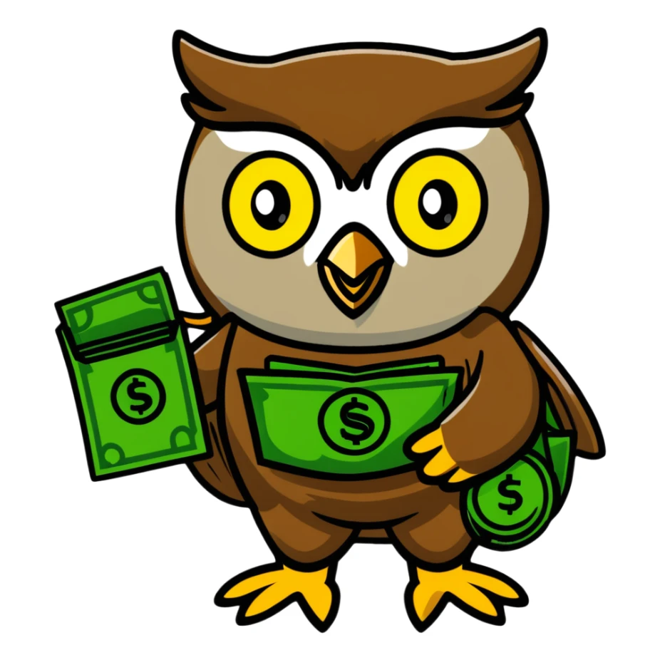 charming pastel-toned owl character, large green eyes, golden feathers, holding a money pouch in its feet, sticker style, emphasizing sparkling effect sticker