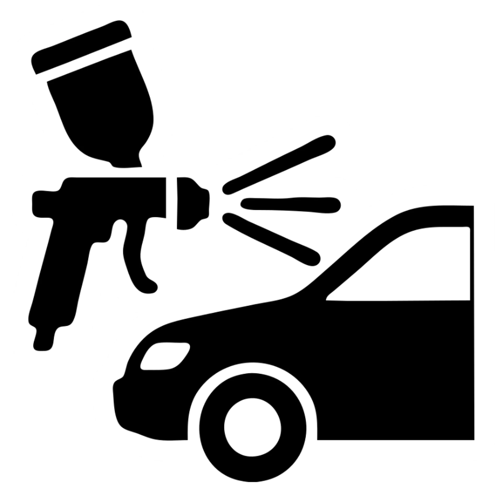 solid icon of a paint spray gun aiming at a car section, glossy black paint spraying out, silver details, clean lines, minimal and elegant sticker