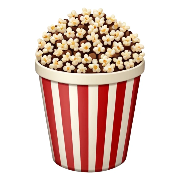 Chocolate popcorn in a paper jar with red and white vertical lineso sticker