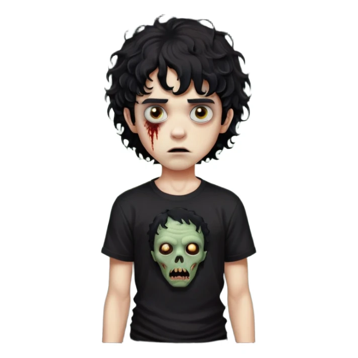 Boy, zombie, black curly wavy hair, medium hair, emo, round shaped hair, dark hair, spooky, creepy expression, fringe in the eyebrows height, with Black t-shirt  sticker