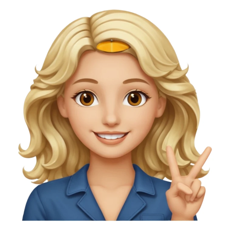 Luxury blonde model, brown eyes, wavy hair, peace sign sticker