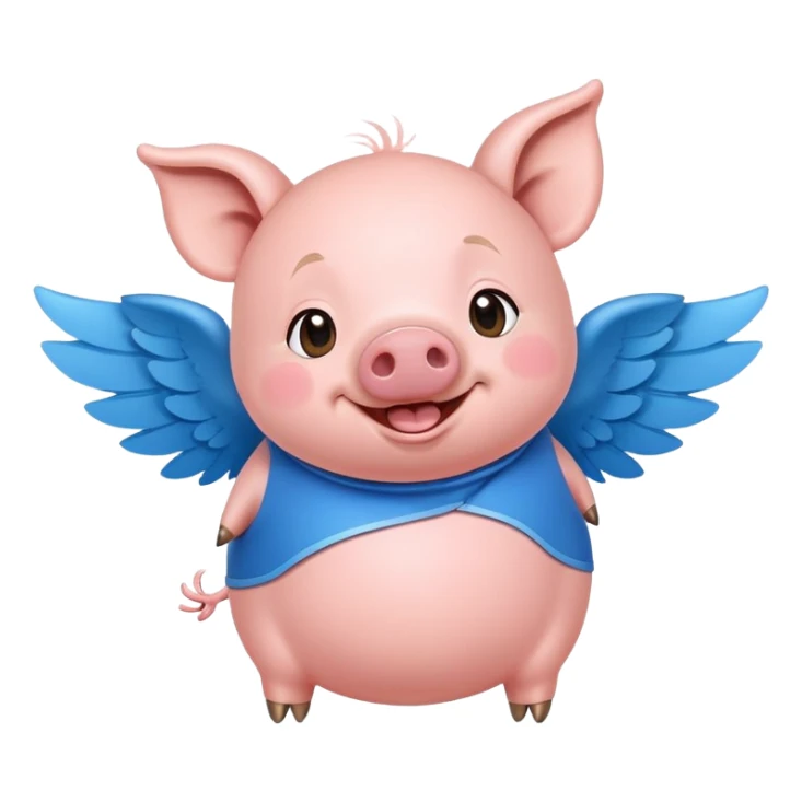 "Create a cheerful cartoon character, a pig with a round body, wearing a blue outfit and small wings, smiling joyfully." sticker