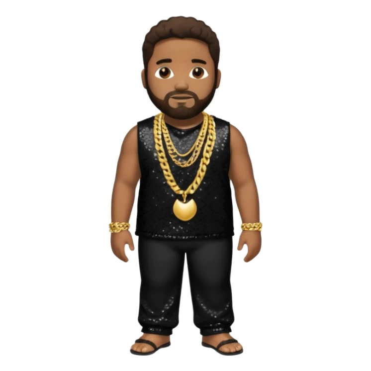 Gerald Levert with dark brown hair, black sequin baggy pants, shirtless with necklace sticker