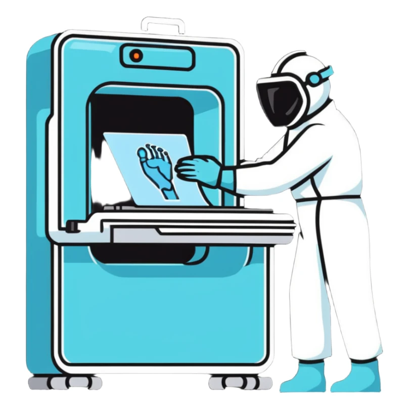A friendly radiologist operating an X-ray machine, wearing protective gear sticker