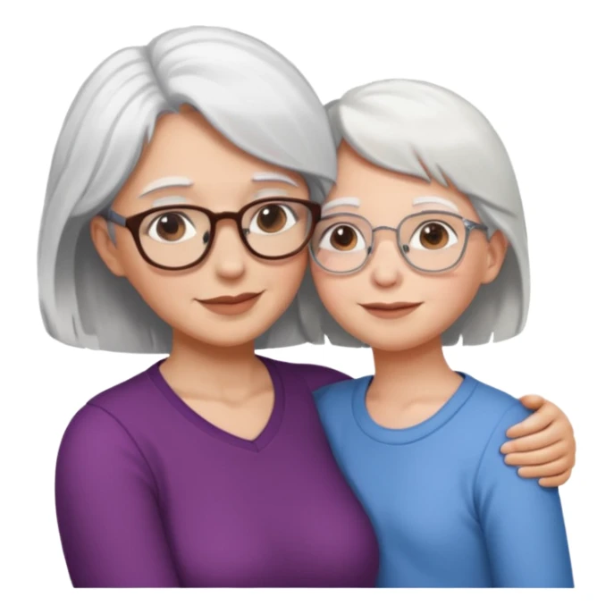 Abrazo de Madre con pelo blanco y gafas y hija con pelo morena sticker
