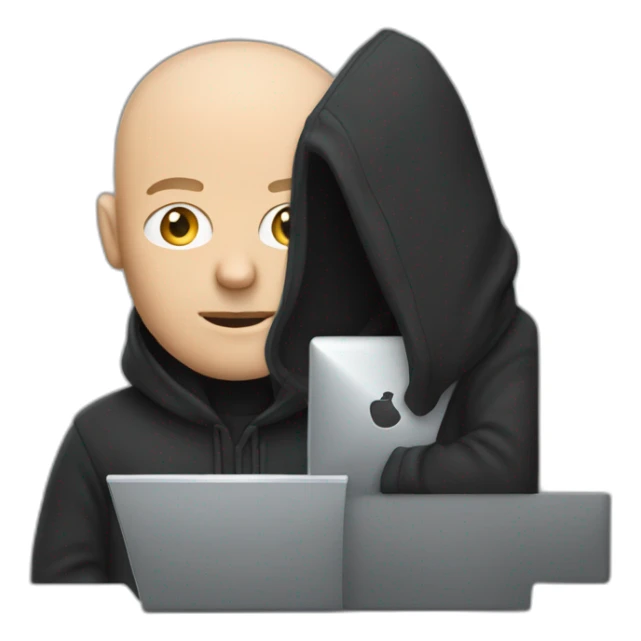 bald white man with a salt and pepper beard typing on apple computer wearing a black hoodie sticker