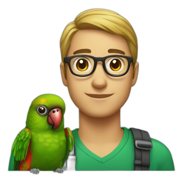 man with glasses and a green cheeked conure on his shoulder sticker