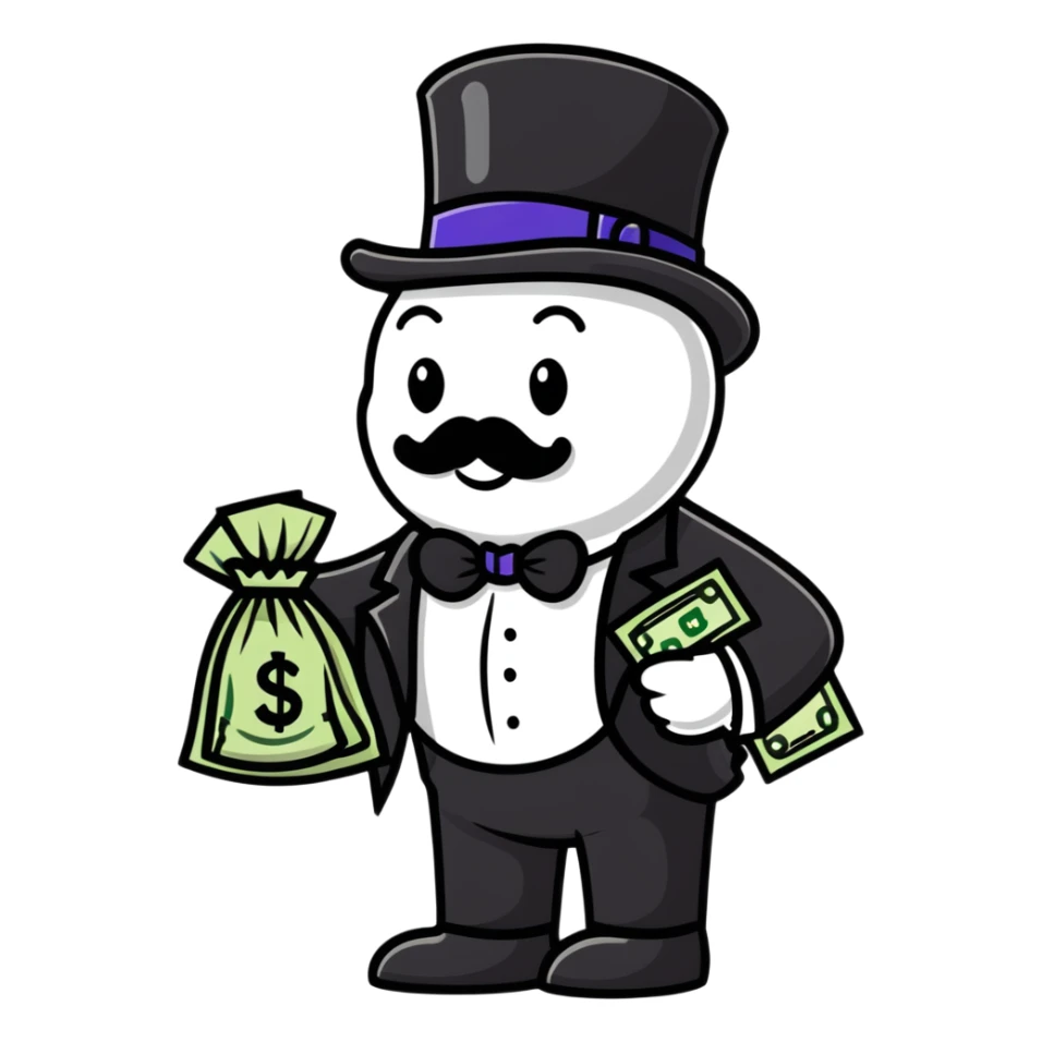 Rich Uncle Pennybags with money bag, monopoly mascot sticker