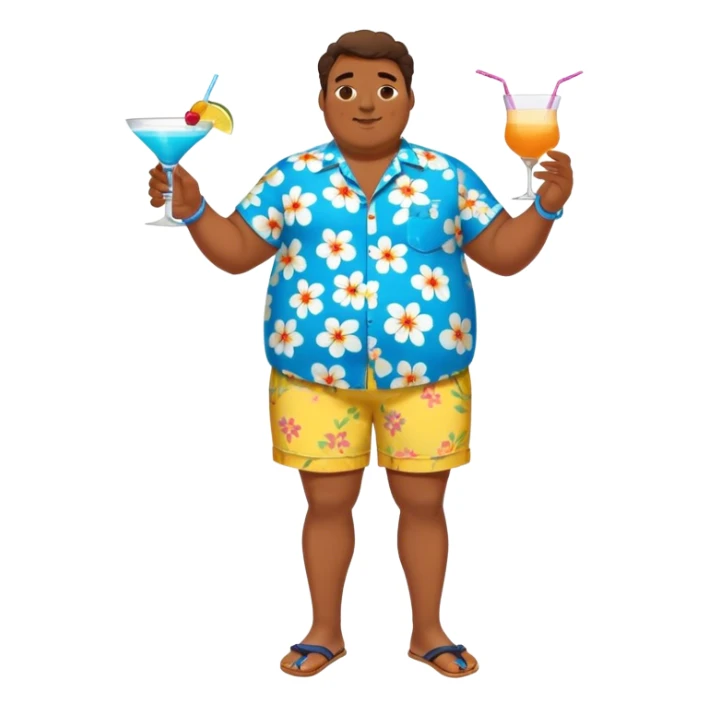 chubby guy full figure in a flowered azure havai shirt, brown shorts and flippers holding a cocktail sticker