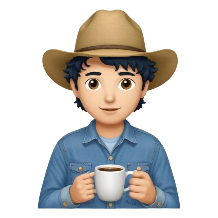 Ranch hand with blue hat and coffee mug, curly black hair sticker