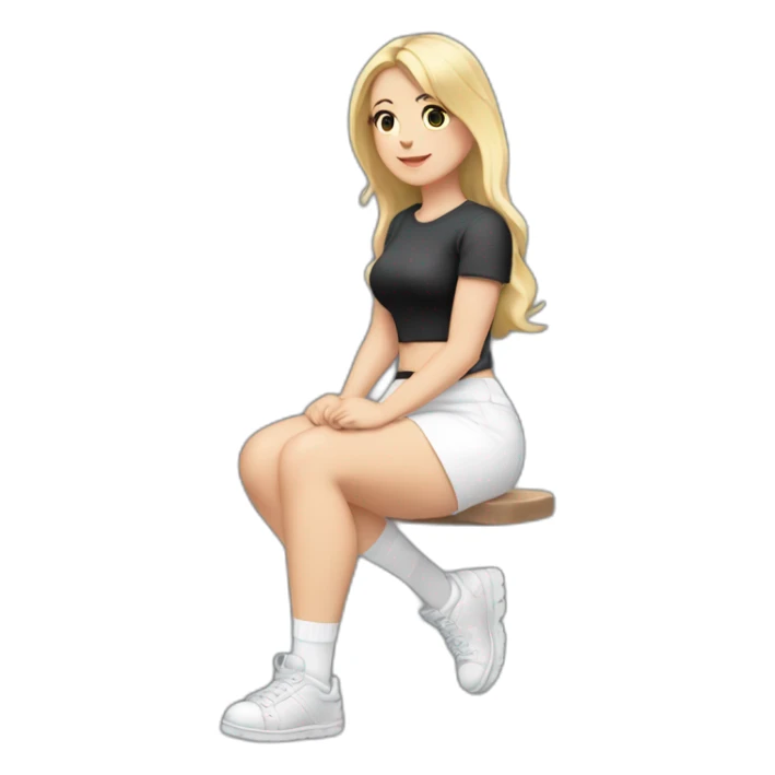 Front view full body curvy caucasian beauty sitting straight hands up black skirt white knickers white socks sticker