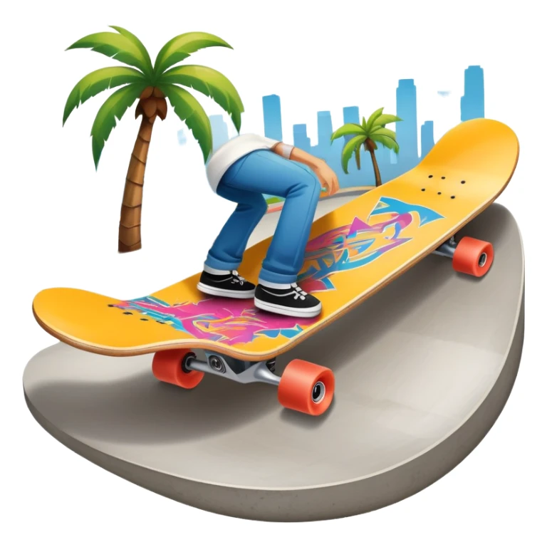 An icon featuring a skateboard resting on a smooth concrete surface. The background shows a sunny skate park with ramps, graffiti walls, and palm trees, creating an urban vibe. The skateboard is designed with vibrant colors and unique graphics. Transparent background  sticker