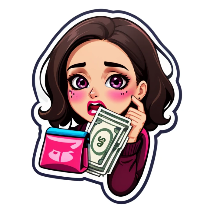 Crying women holding makeup bag and money  sticker