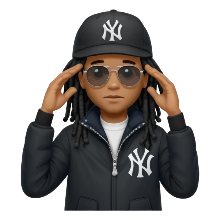 African American man with shoulder length black dreadlocks wearing black sunglasses with black bubble winter coat wearing a New York Yankees baseball hat with his hands on top of head in thinking position sticker