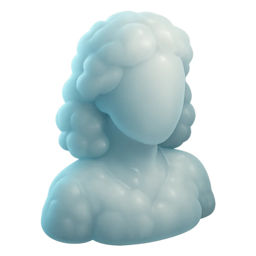 faceless person, facing straight, fully composed of white fluffy convex clouds, shoulder length, no shadows sticker