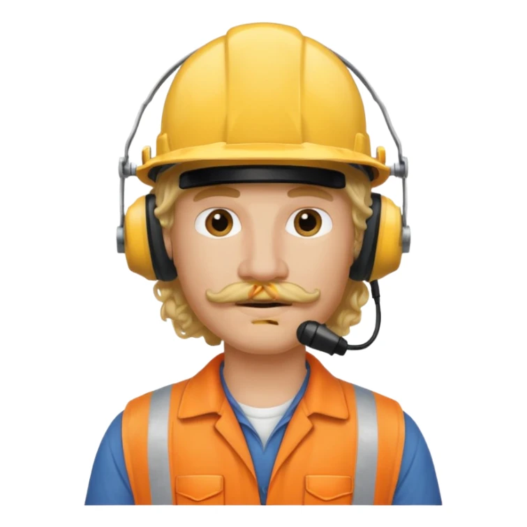 construction worker with blond long curly hair and protective headphones and mustache sticker