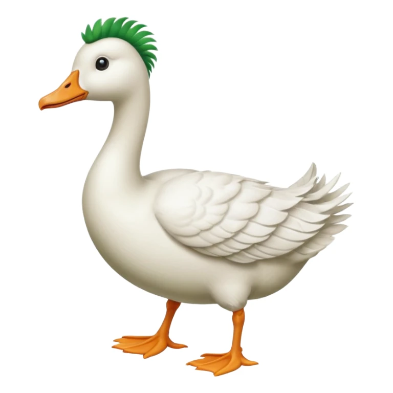 Make me an emoji of a goose that is running towards something. Also make it white. Make it have a very long neck like geese do.

Can you make the goose wear green suspenders sticker