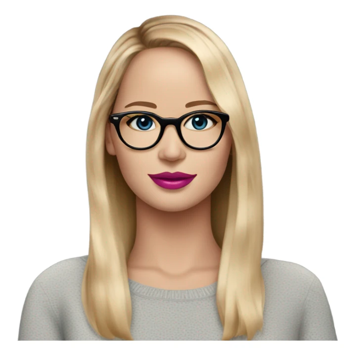 Jennifer Lawrence,  blu eyes wearing glasses and pink lipstick sticker