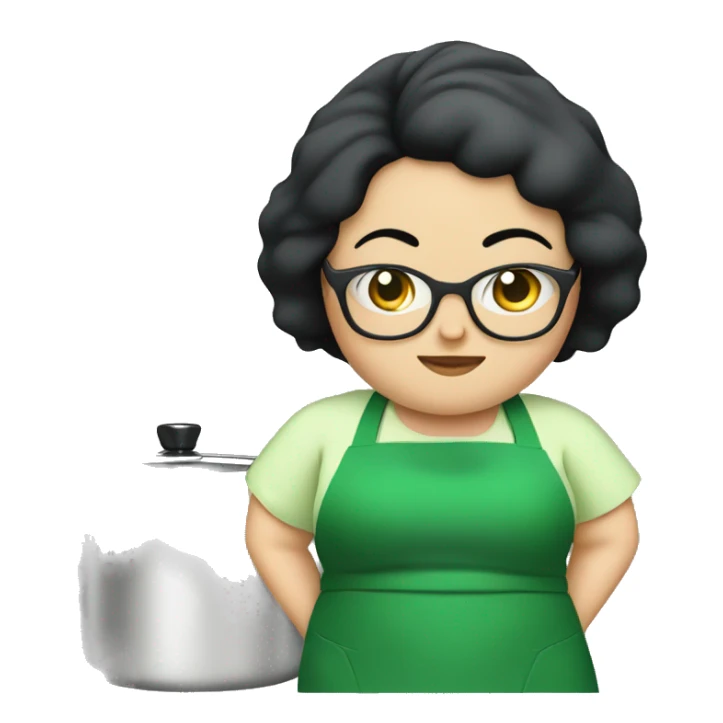 chubby lady with black hair green apron  with glasses cooking  sticker
