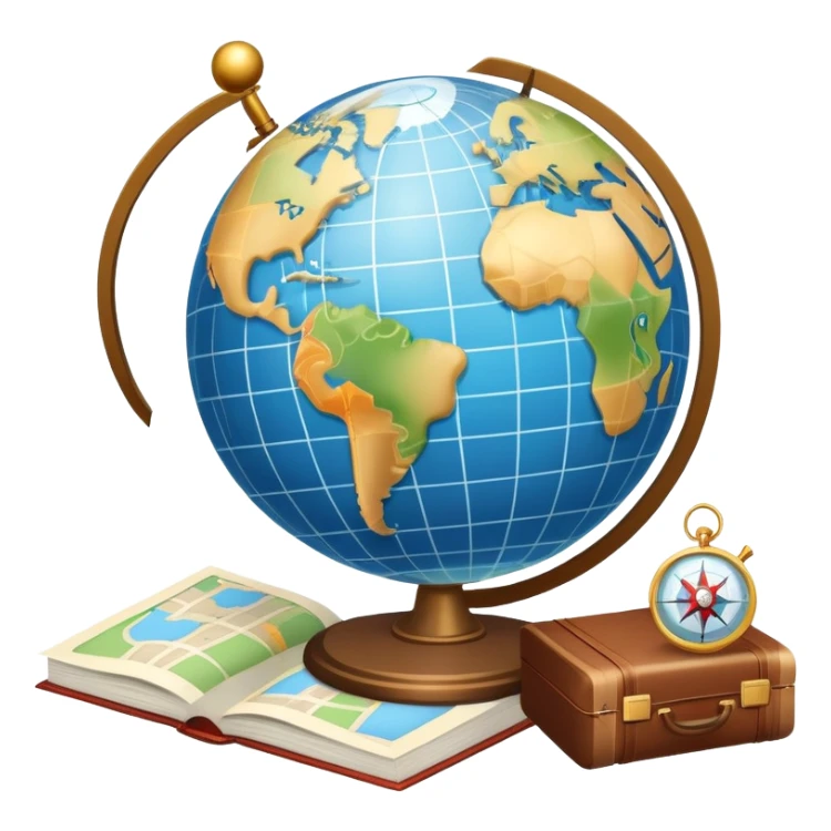 An icon featuring a hotel building, and a globe, symbolizing the scientific study of tourism and hospitality. The design includes a map, a compass, and a checklist, representing travel planning and service management. Transparent background highlights the academic exploration of the tourism industry sticker