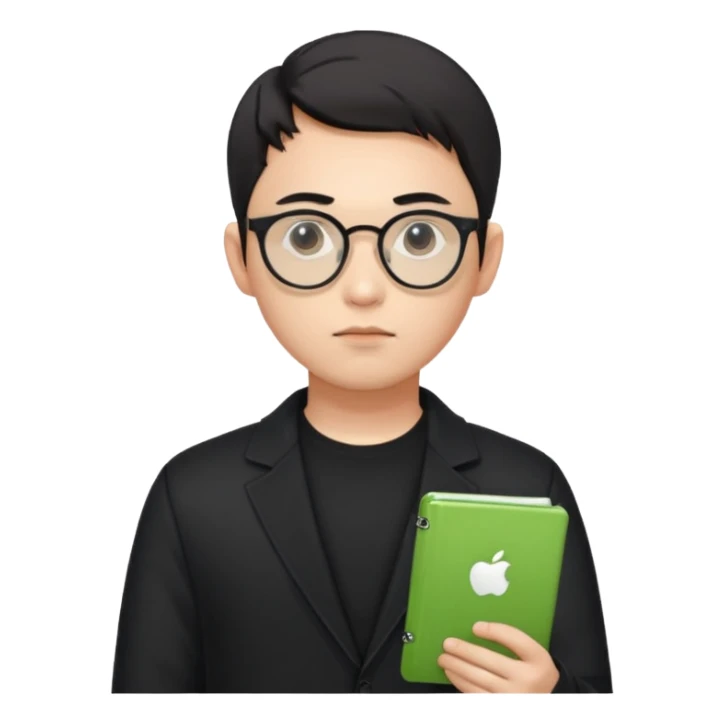 a asia white man guy his 26olds wearing an apple notebook, wearing bodyguard radio operator, round glasses, black clothes sticker
