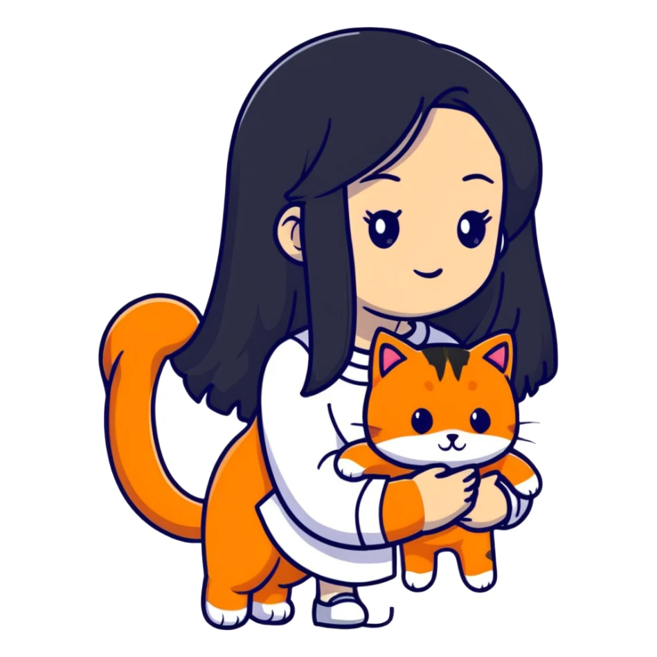 girl with long black hair holding an orange cat sticker