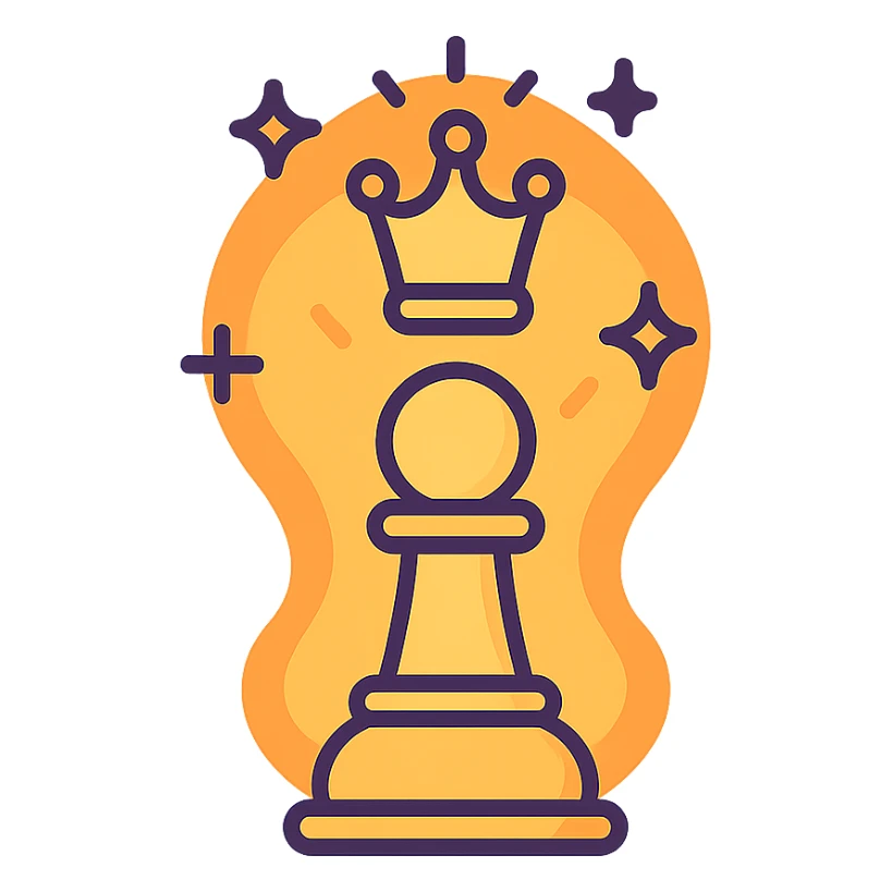 chess pawn with a glowing aura, morphing into a regal queen chess piece, elegant and bold, icon style sticker