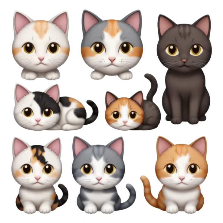 5 different coloured short haired cats including; a dark brown and white cat, and a dark grey and white, and a calico sticker