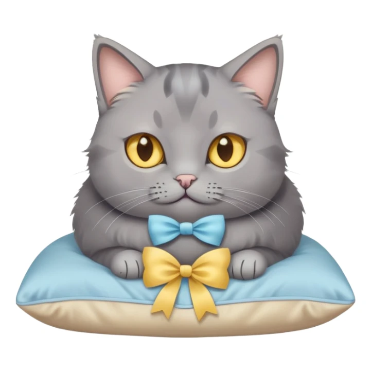 A grey cat with yellow eyes and a light blue bow sits on a beige pillow



 sticker