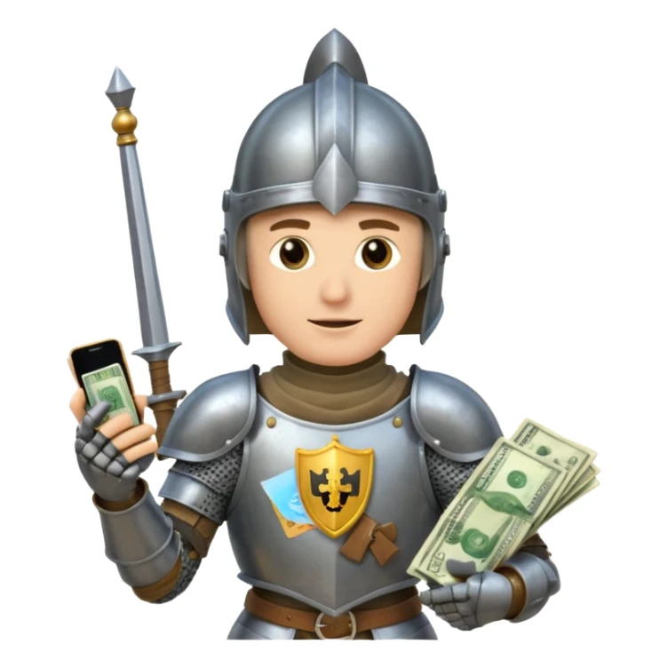 Knight with helmet holding phone and money sticker