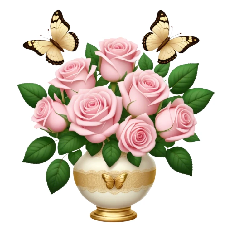 Realistic aesthetic bouquet of soft pink roses in a porcelain vase with an ivory lace ribbon and a golden butterfly sticker
