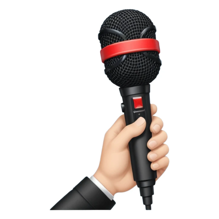 hand holding black stage microphone with red strip on bottom sticker