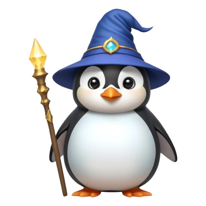 cute chubby penguin with a wizard hat and a glowing wand looking wise and magical sticker