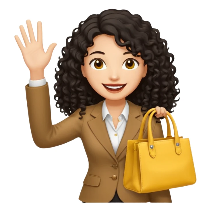 medium deep tan brown business woman with long black curly hair, waving hand with happy face with smile mouth and carrying bag on her shoulder and the other hand holding yellow stanley tumblr sticker