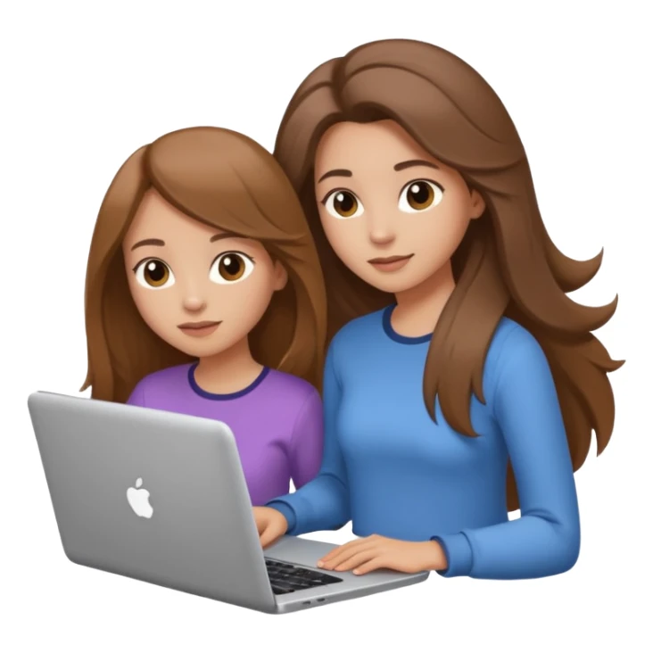 two brown haired girls, looking professional maybe leaned back on back and looking forward and using phones, with longer hair and with some cute clothes without ties, blowout hair, one girl can hold lap top athoer one can hold the phone sticker