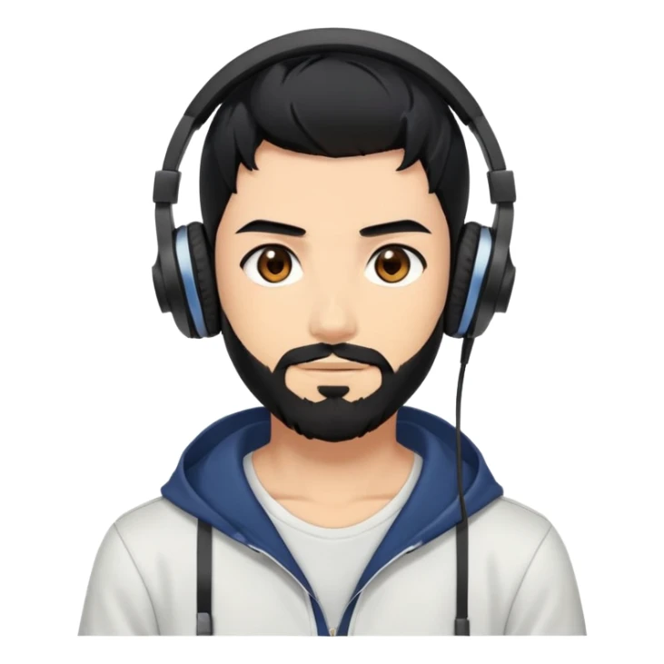 Anime-style man with black hair, brown eyes, black beard wearing gaming headphones, anime character design sticker