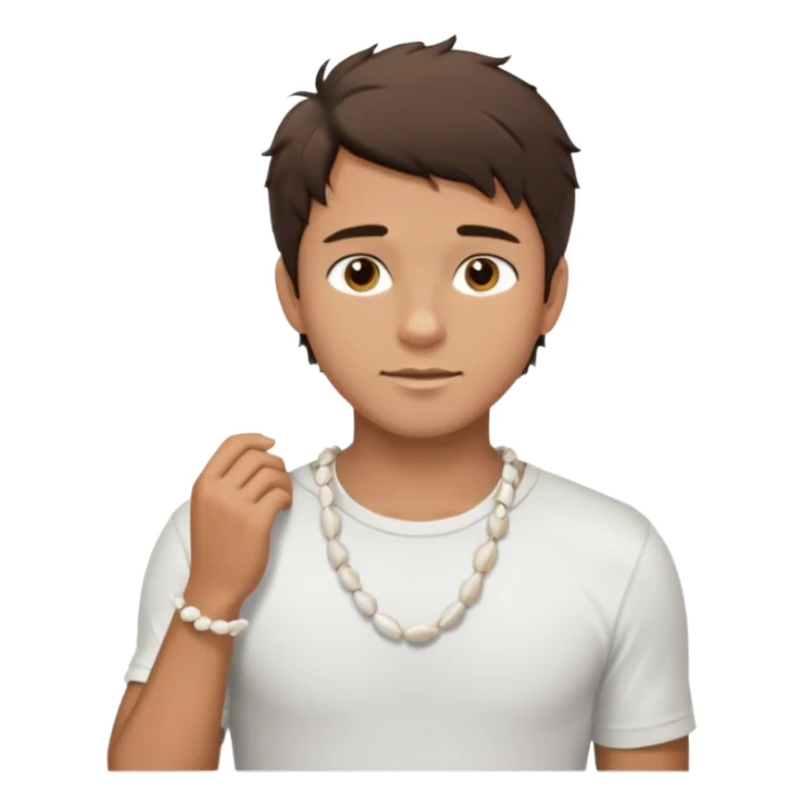 create an emoji of a young man. he has a nice surfer look, with short messy dark brown hair, brown eyes, tanned skin, natural lips. he wears a white tight sea shell necklace with an open short sleeve white shirt sticker